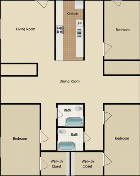 Floor plan for 3 beds, 2 baths, 1100 sqft